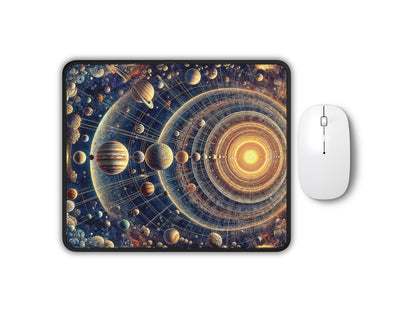 Artisan gaming mouse pad displaying a detailed galactic symphony design with celestial bodies orbiting a central star, paired with a sleek white mouse.