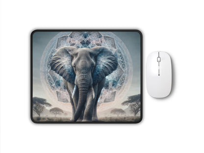 A gaming mouse pad featuring a kaleidoscopic elephant against a backdrop of misty African savanna, with a white mouse to the side.