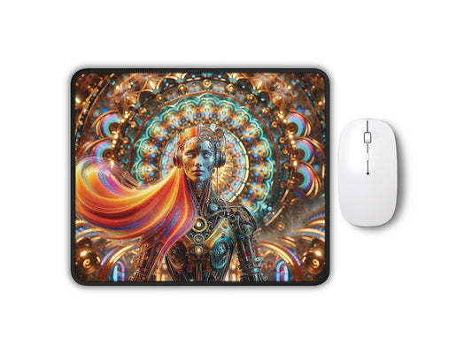 An artisan gaming mouse pad featuring a steampunk android with a kaleidoscopic mechanical background, accompanied by a sleek white mouse.