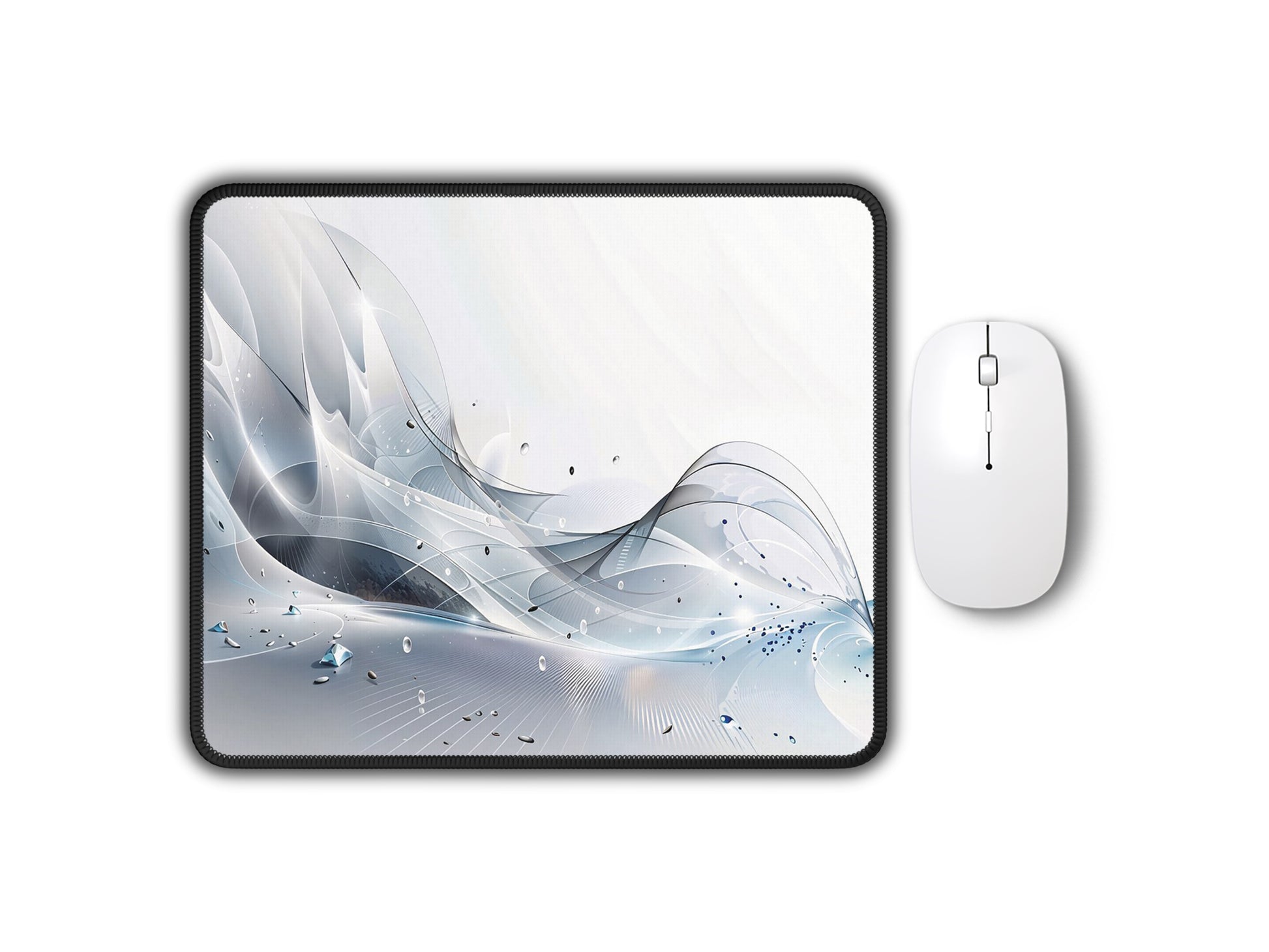 A sleek gaming mouse pad featuring a white and gray abstract design, with a modern white mouse to its right.