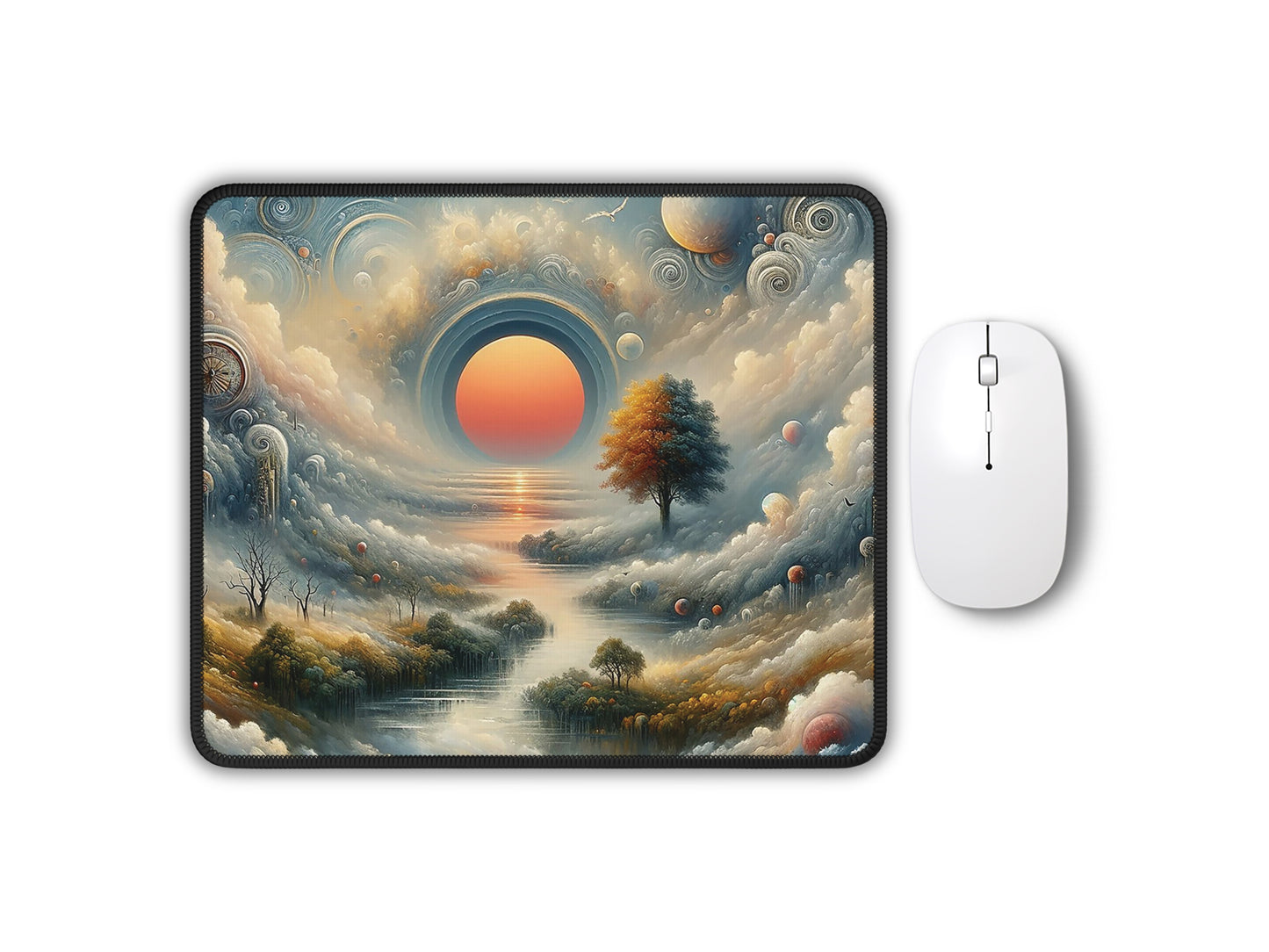 Gaming mouse pad featuring a dreamlike landscape with a glowing sun amidst swirling clouds and reflective waters.