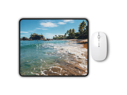 Artisan gaming mouse pad with a crystal-clear water view of a secluded Thai beach, with palm trees and rocks, paired with a modern white mouse.