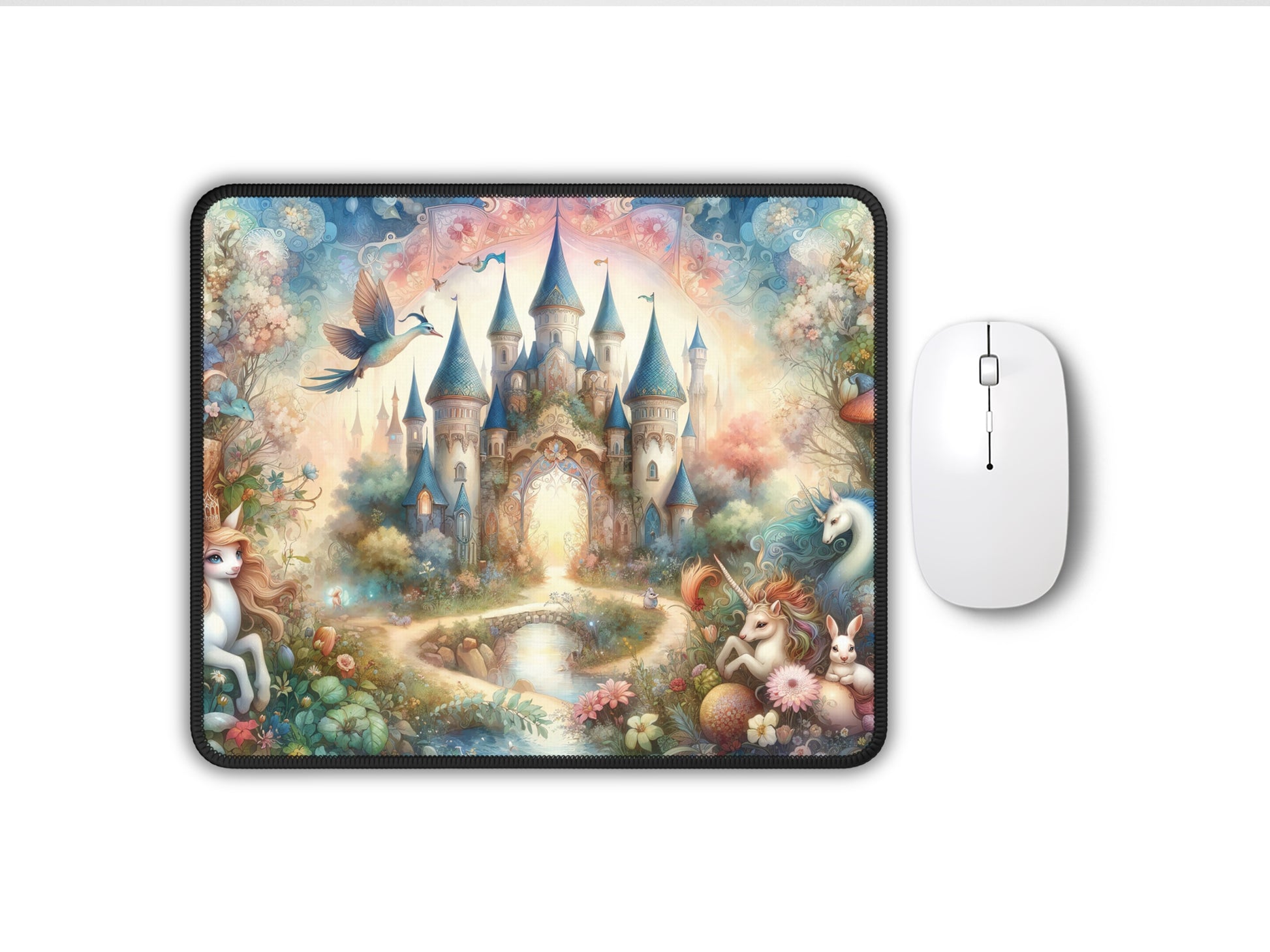 Overhead view of an artisan gaming mouse pad with a vibrant, kaleidoscopic design of a mythical kingdom featuring whimsical castles and mythical creatures, accompanied by a sleek white mouse.