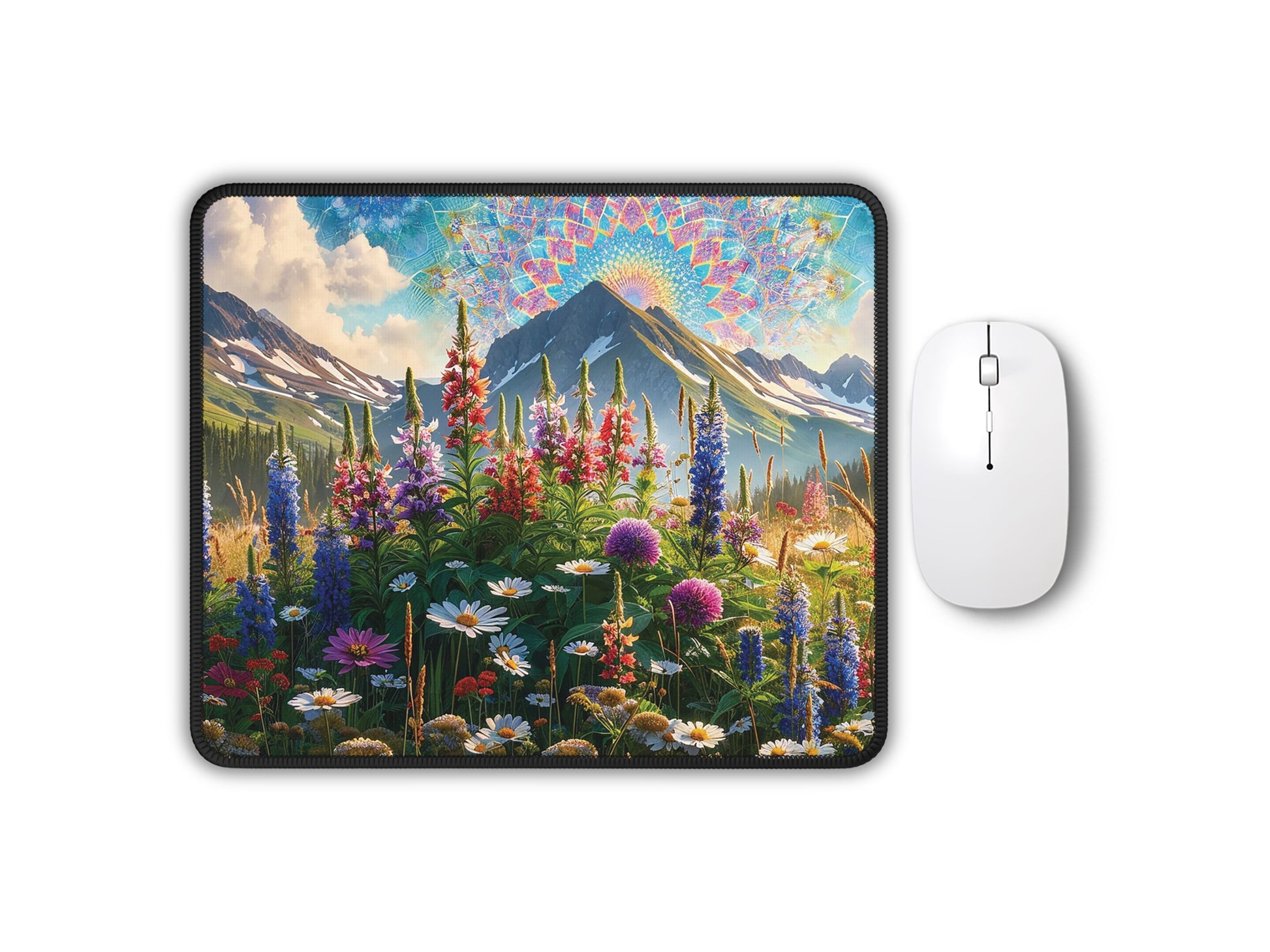 Gaming mouse pad featuring a detailed print of vibrant summer wildflowers against a backdrop of majestic mountains with a kaleidoscopic sky, paired with a sleek white mouse.