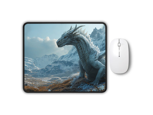 A mouse pad with a majestic Winter Dragon design, perched in a snowy mountainous landscape, paired with a modern white mouse.