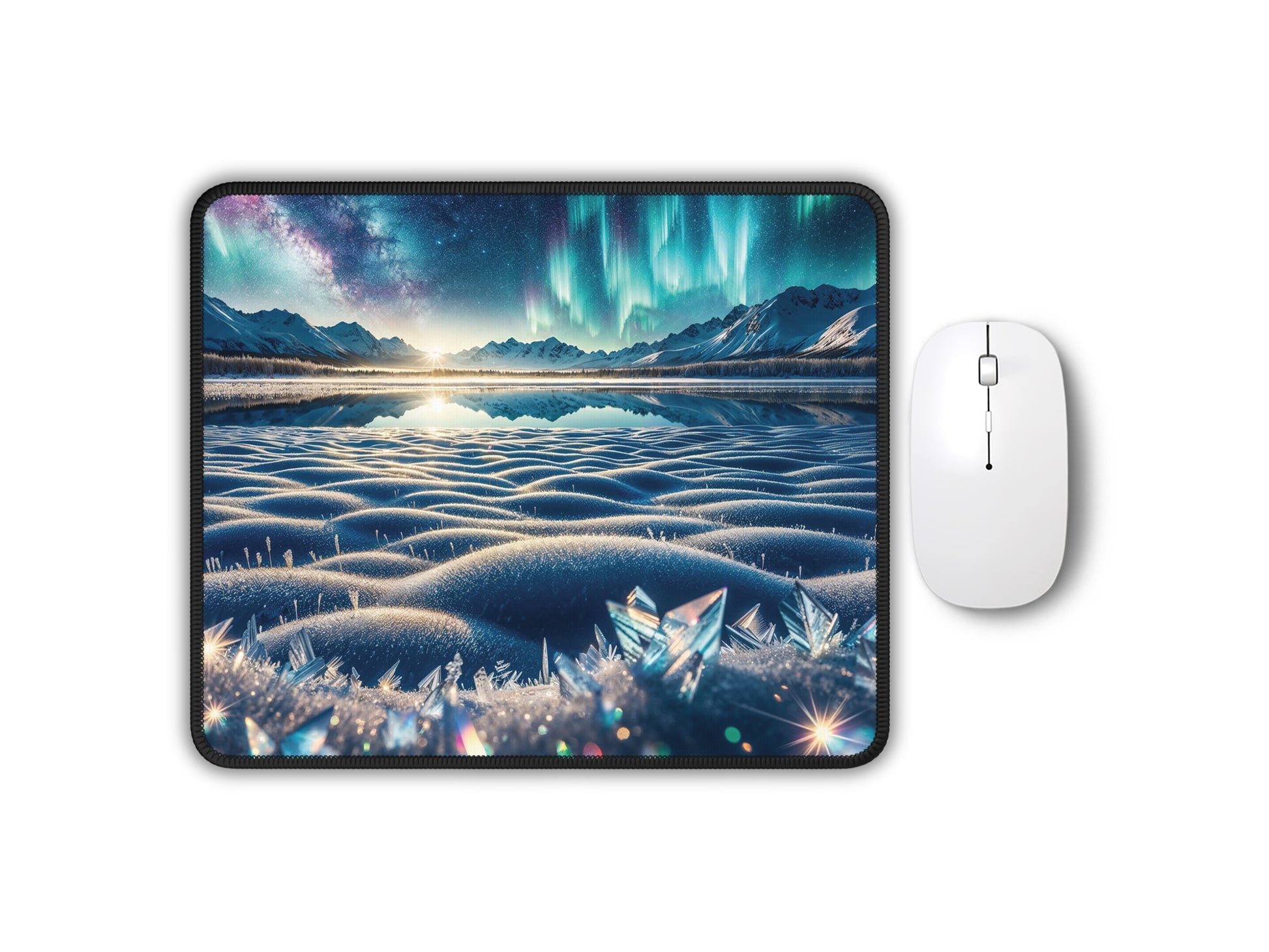 Image of a gaming mouse pad with a stunning winter scene featuring the Northern Lights reflecting over a snowy landscape and mountain range.