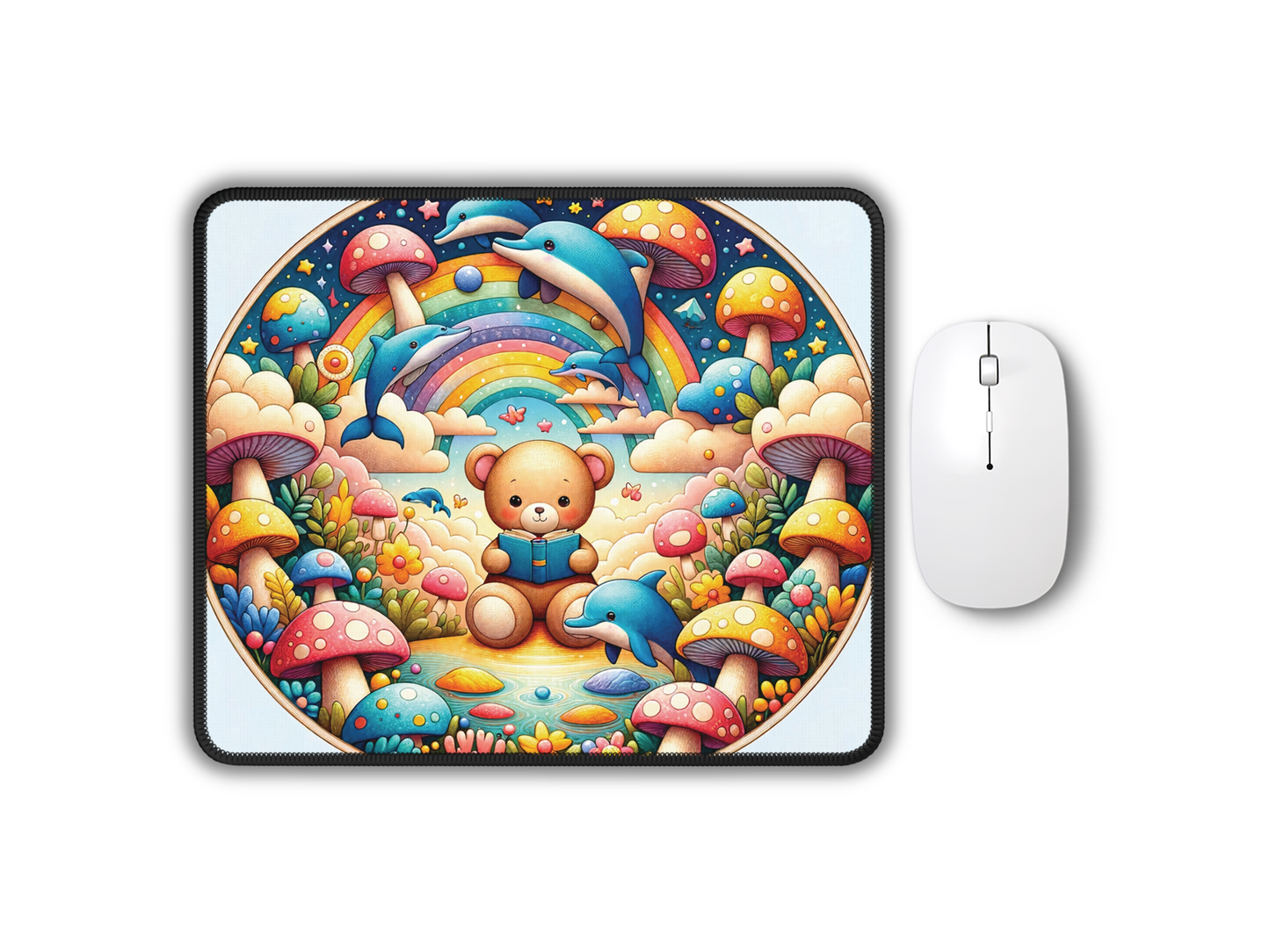 Colorful gaming mouse pad featuring a whimsical scene with a teddy bear and dolphins among mushrooms and rainbows.