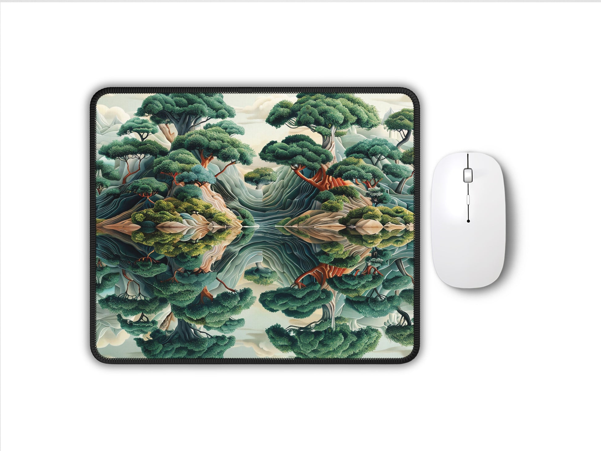 Artisan mouse pad with a detailed zen garden design featuring lush greenery and flowing water, paired with a white mouse.