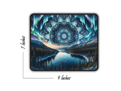 7x9 inch mouse pad with an intricate mandala pattern against an Alaskan aurora borealis backdrop.