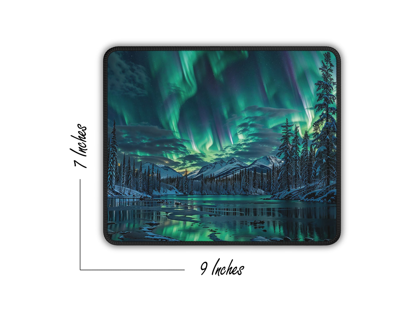 Illustrative mouse pad showing Alaskan auroras over a pine forest, with clear 7x9 inches dimensions labeled for reference.