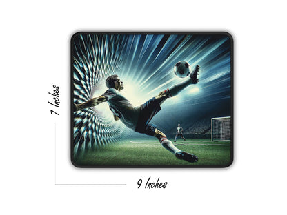 A dynamic gaming mouse pad featuring a soccer player in motion, with a kaleidoscope effect amplifying the action against a stadium backdrop.