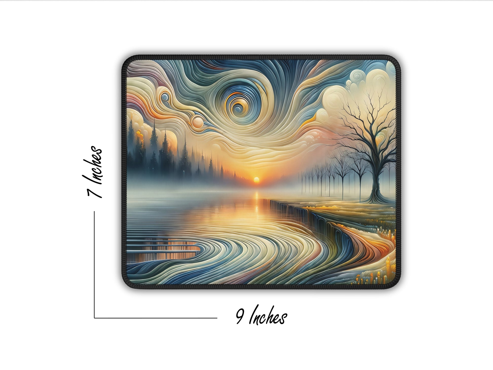 Dimensional view of the mystical mouse pad showcasing the 7 by 9 inches size, highlighting the swirling dragon art.