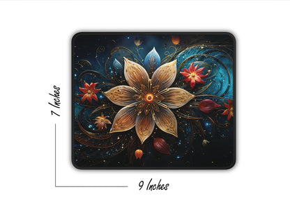 Dimensional view of the Celestial Bloom Mouse Pad measuring 9 by 7 inches, adorned with an intricate celestial and floral pattern.