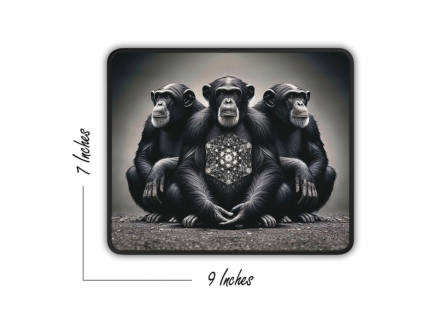 Artistic mouse pad with a trio of chimpanzees in black and white, highlighting intricate fur details and mandala artwork.