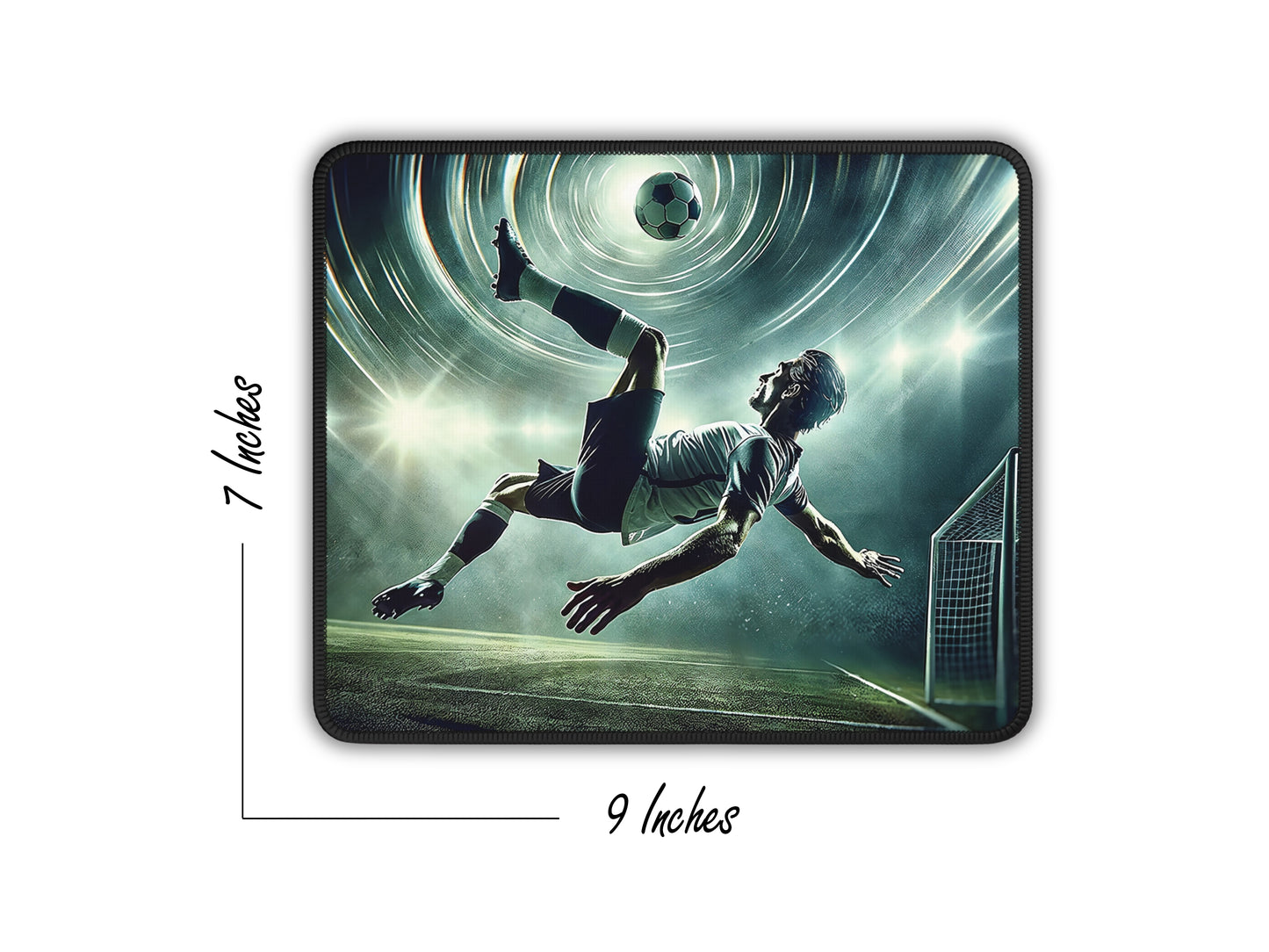 9x7 inch soccer-themed gaming mouse pad, capturing an intense in-game moment with detailed player imagery and dimensions displayed.