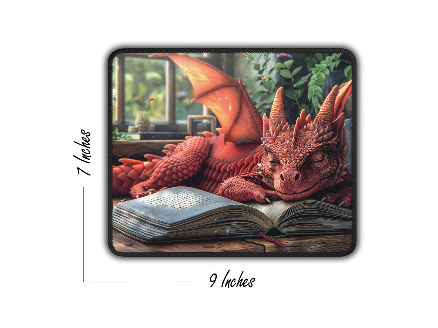 A compact gaming mouse pad, measured at 9 by 7 inches, displaying a vivid red dragon curled up with a book, perfect for fantasy enthusiasts.