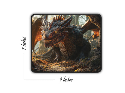 Dimensional showcase of the dragon-themed mouse pad measuring 9 by 7 inches.