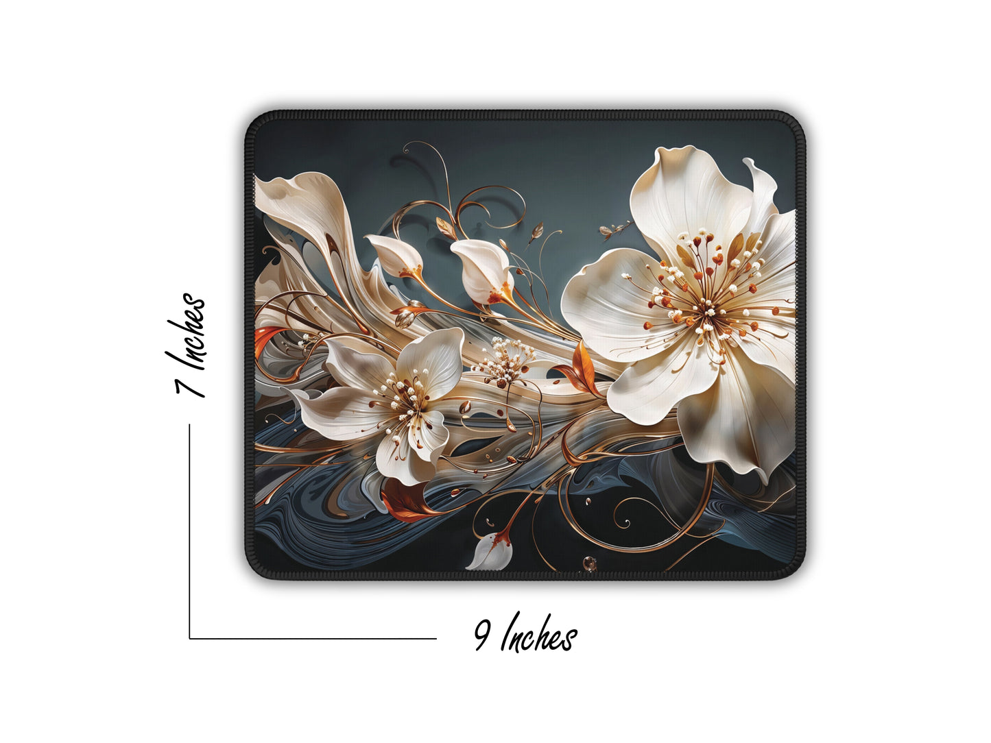 Artistic mouse pad illustrated with delicate white flowers and flowing curves, with dimensions of 9 by 7 inches, accentuating both beauty and practicality.