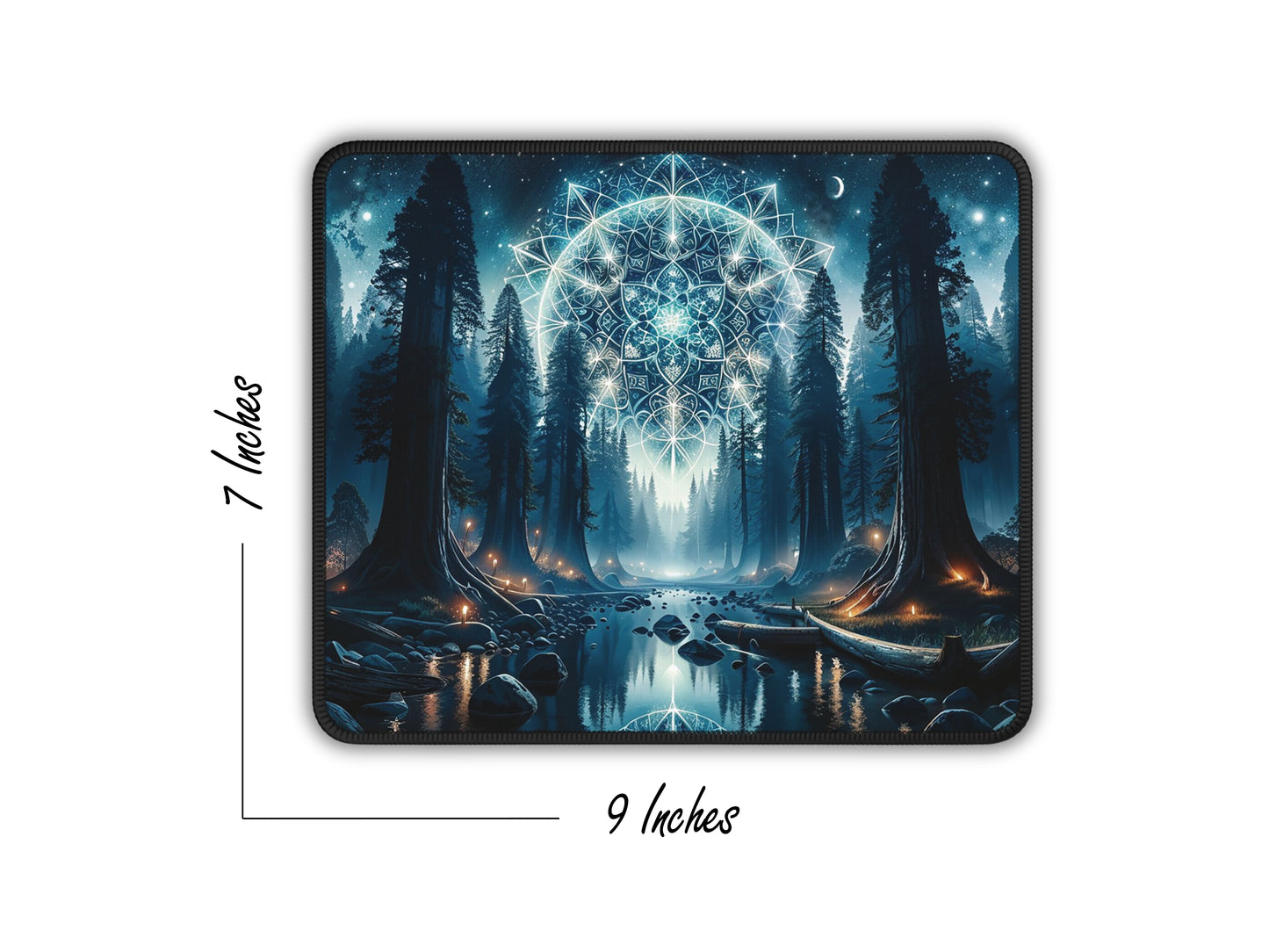 Overhead view of a detailed mouse pad with cosmic forest art, showing dimensions of 9x7 inches.