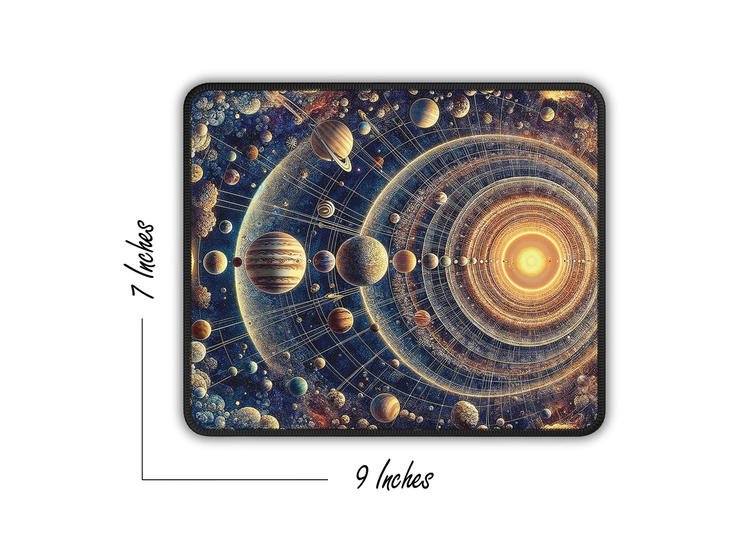 The mouse pad measures 9 by 7 inches and features an intricate astronomical illustration with planets in orbit and cosmic elements.