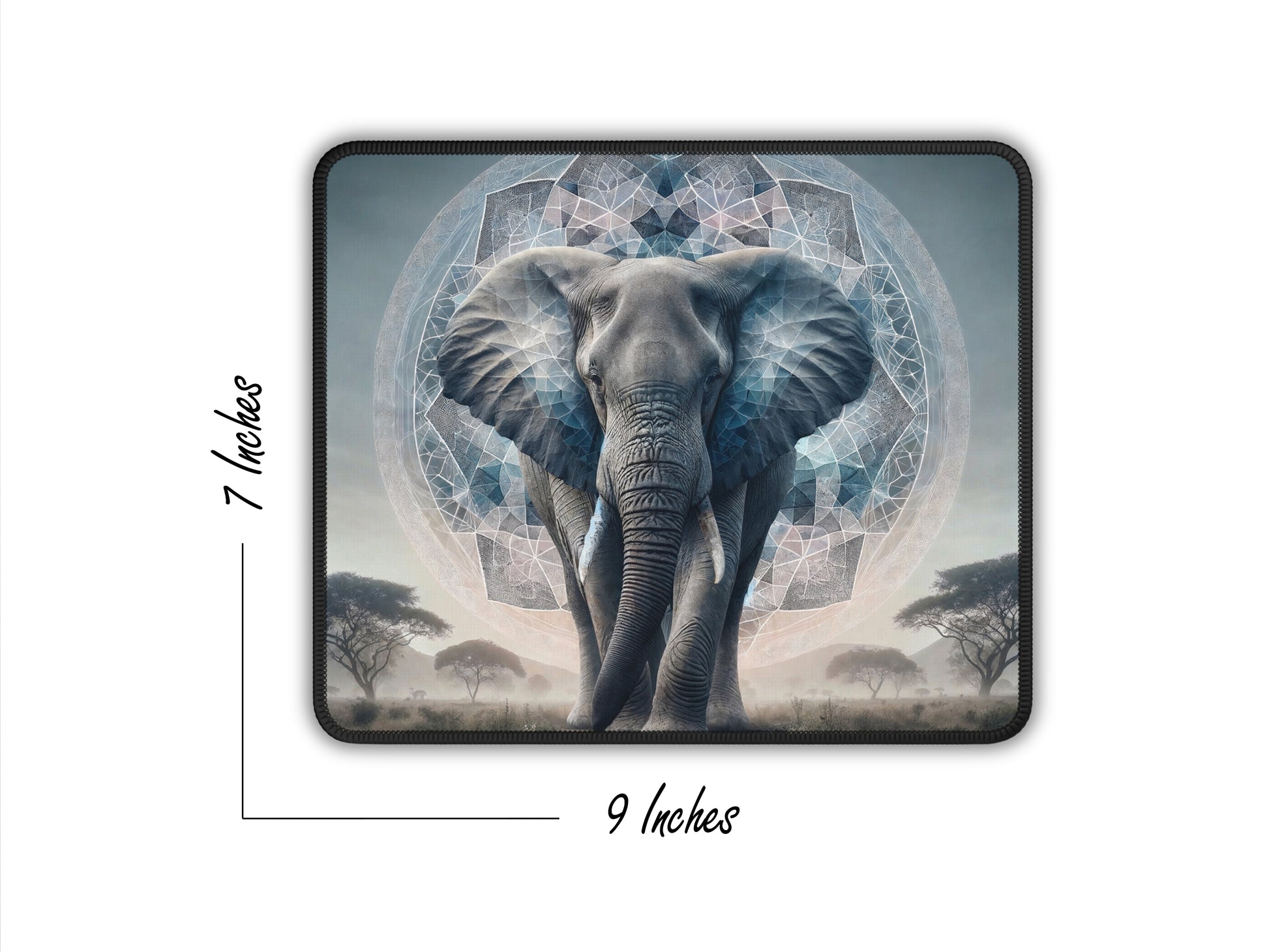 Mouse pad showcasing a centered elephant head in kaleidoscope art style, dimensions annotated as 7 by 9 inches.