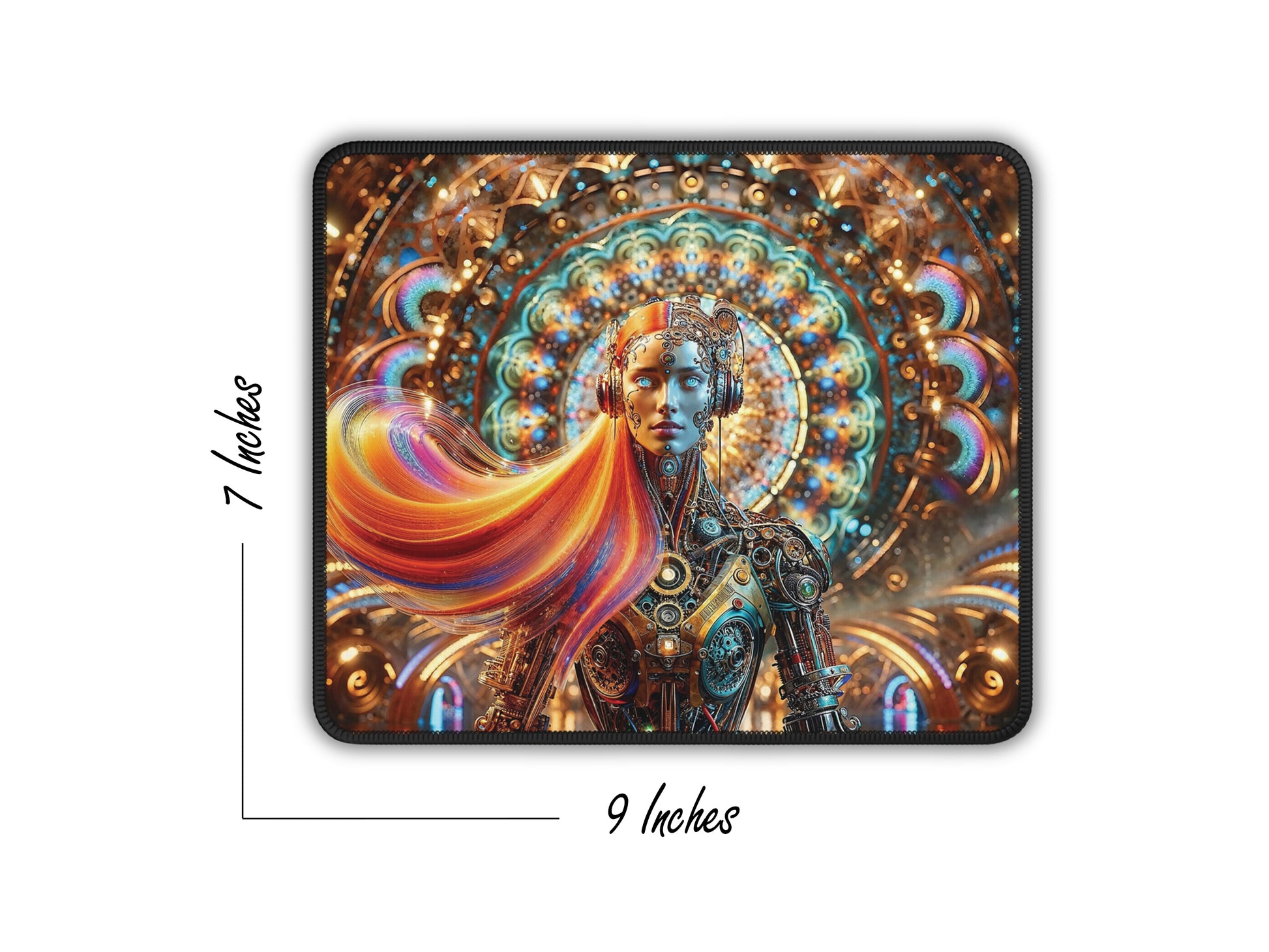 The mouse pad measures 9 by 7 inches and displays a detailed steampunk android amidst a vibrant, gear-filled backdrop.