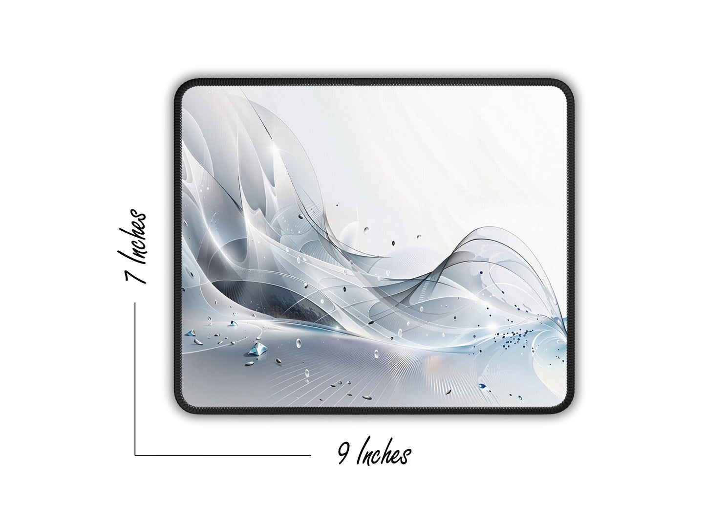 The mouse pad, measuring 7x9 inches, showcases its compact size suitable for various desk setups.