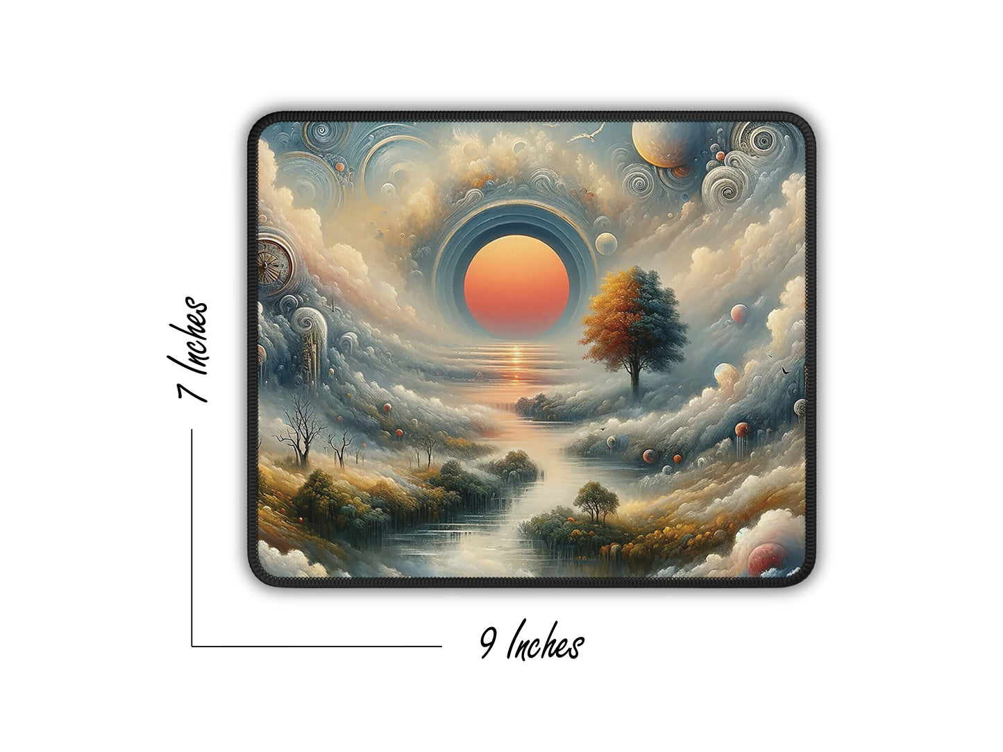 A 9x7 inch mouse pad adorned with a stunning, surreal sunrise scene over a mystical river.