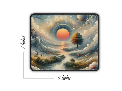 A 9x7 inch mouse pad adorned with a stunning, surreal sunrise scene over a mystical river.