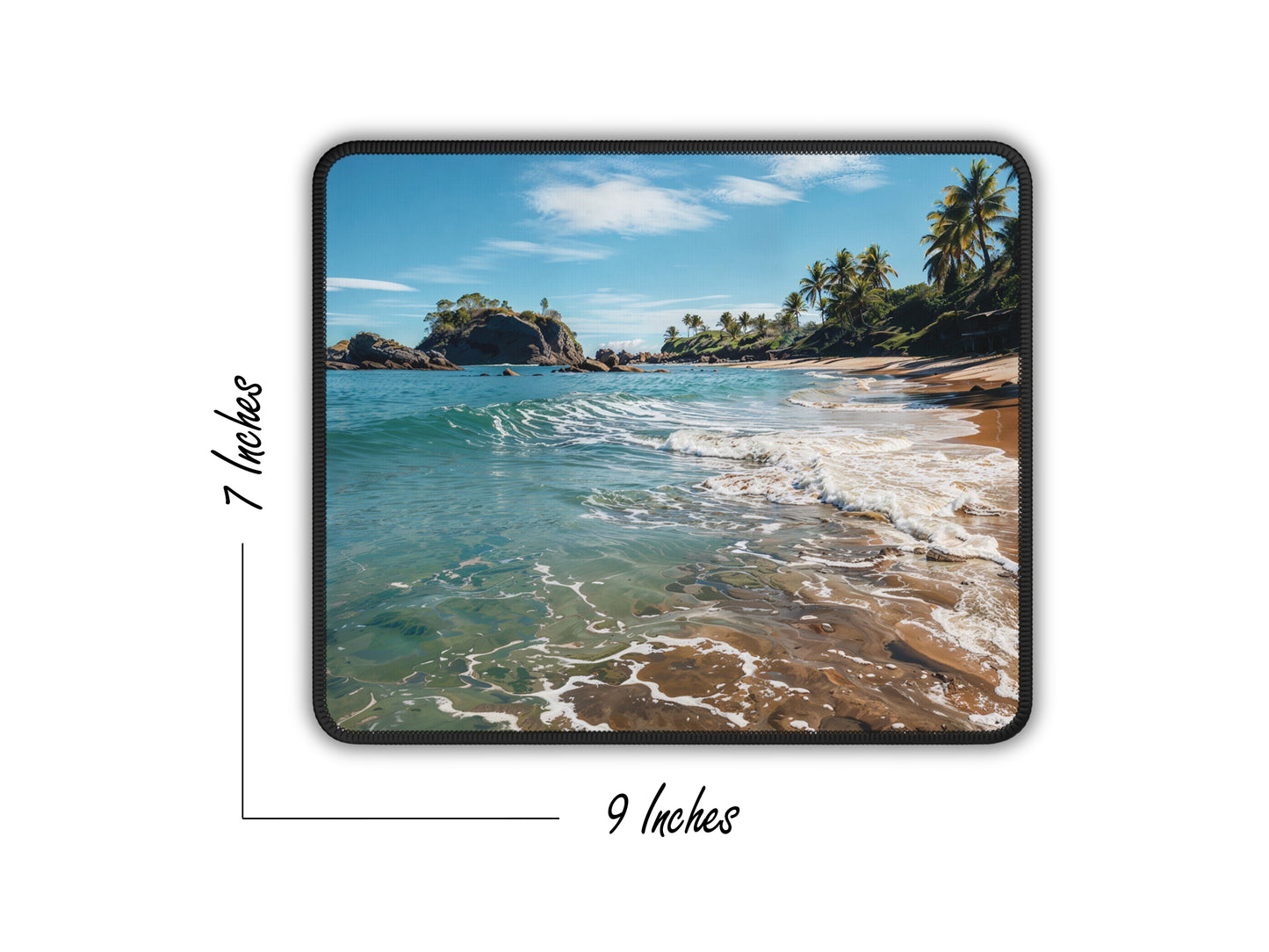 Aerial view of the gaming mouse pad showcasing the vibrant beach scene of a Thai retreat, with dimensions indicated as 9 by 7 inches.