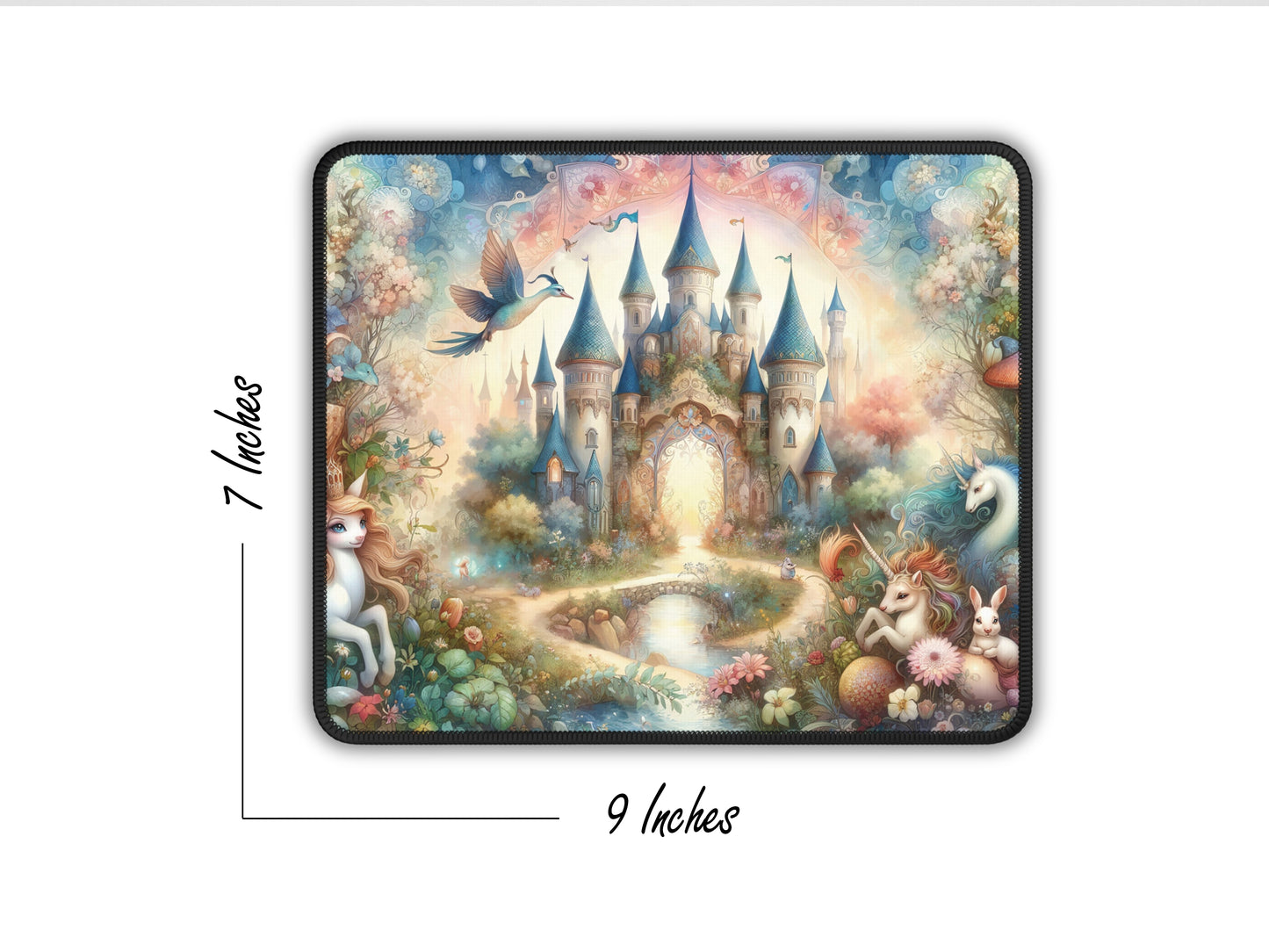 Angled view showing the dimensions of a kaleidoscope-themed gaming mouse pad with enchanted castle graphics, measuring 9 by 7 inches.