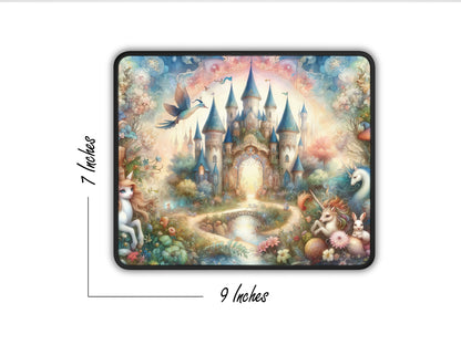 Angled view showing the dimensions of a kaleidoscope-themed gaming mouse pad with enchanted castle graphics, measuring 9 by 7 inches.