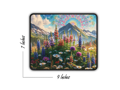 The image shows the mouse pads dimensions of 7 by 9 inches with the vivid artwork of blooming wildflowers and a kaleidoscopic sky