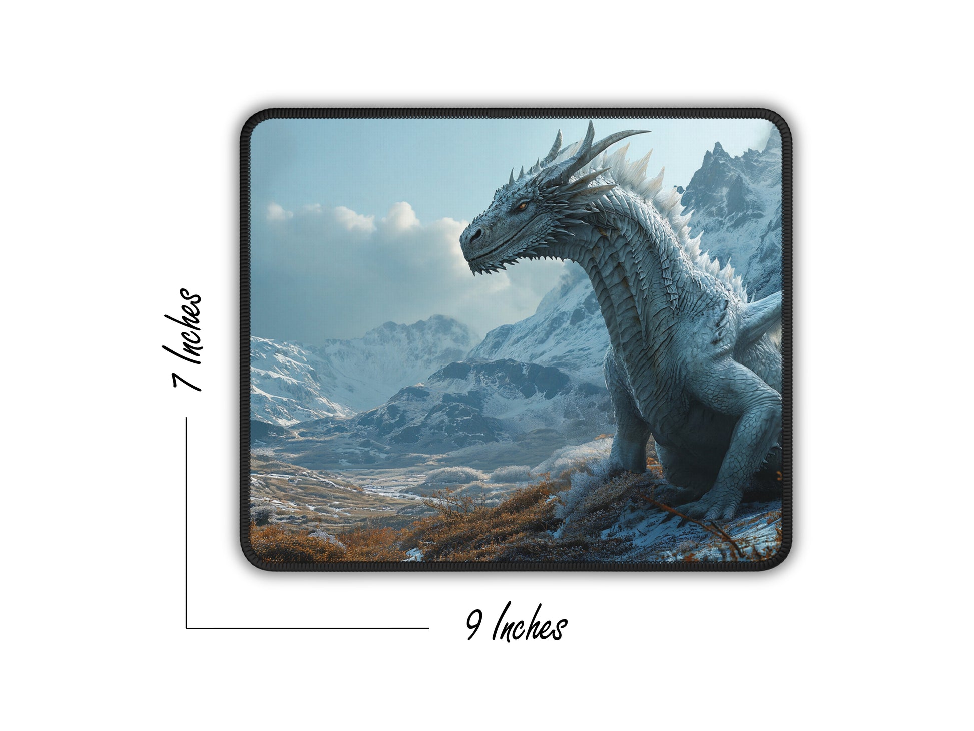 A close-up showing the dimensions of the mouse pad, 9 by 7 inches, featuring the imposing Winter Dragon amidst a wintry scene.