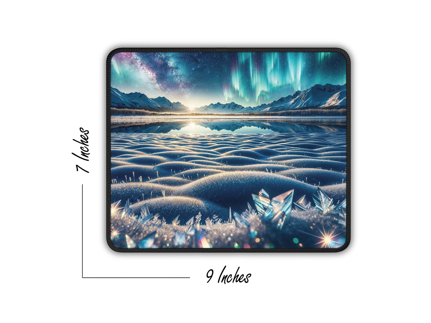 A detailed view of the mouse pad, showing its dimensions of 9 inches by 7 inches, with a vibrant winter scene depicted.