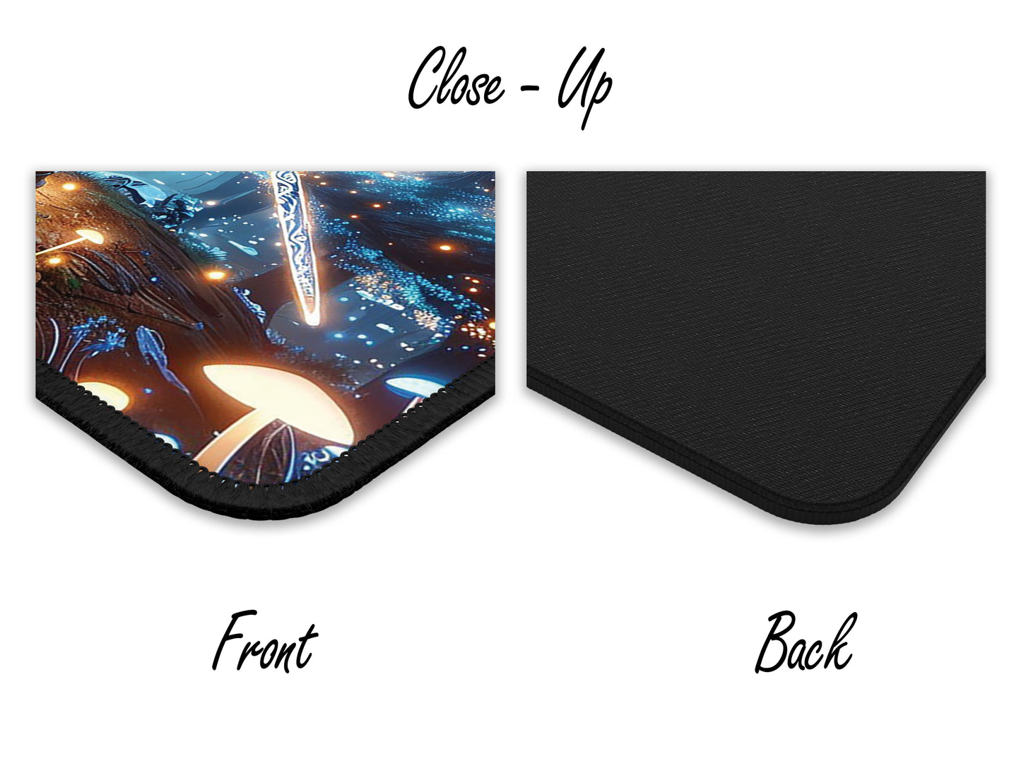 Close-up of an anime-themed gaming mouse pad, detailing the luminescent twilight artwork on the front and the anti-slip black texture on the back.