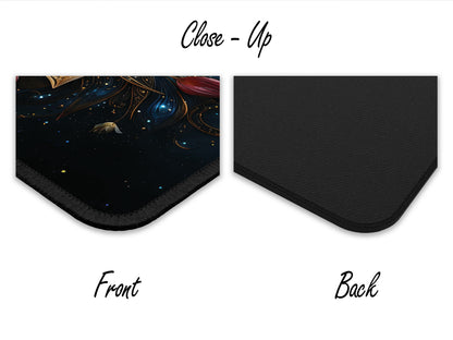 Close-up of the Celestial Bloom Mouse Pad, highlighting the detailed artwork on the front and the textured black rubber back for grip.