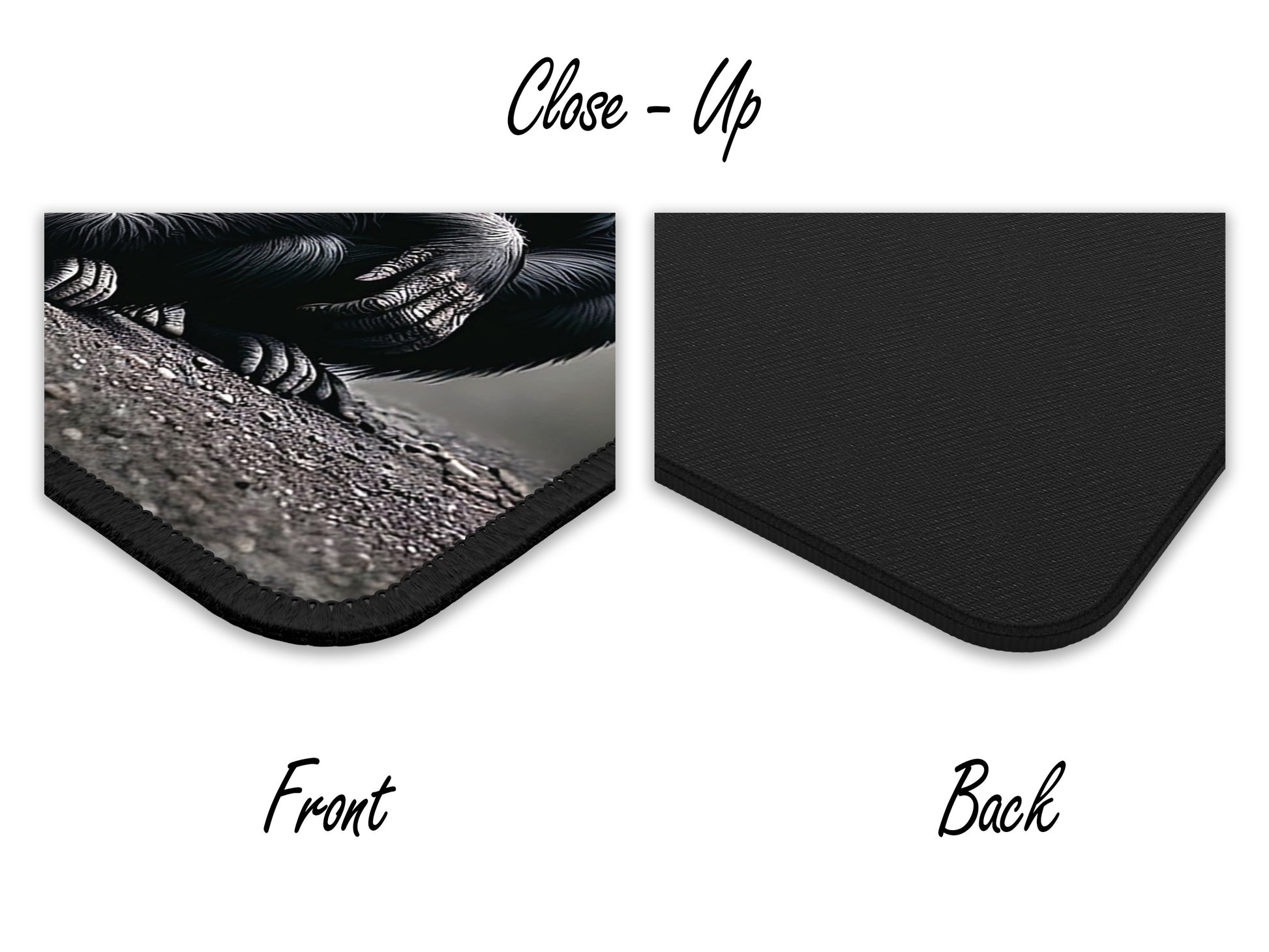 Close-up of a chimpanzee-themed gaming mouse pad showing the detailed texture of the front and the solid black back