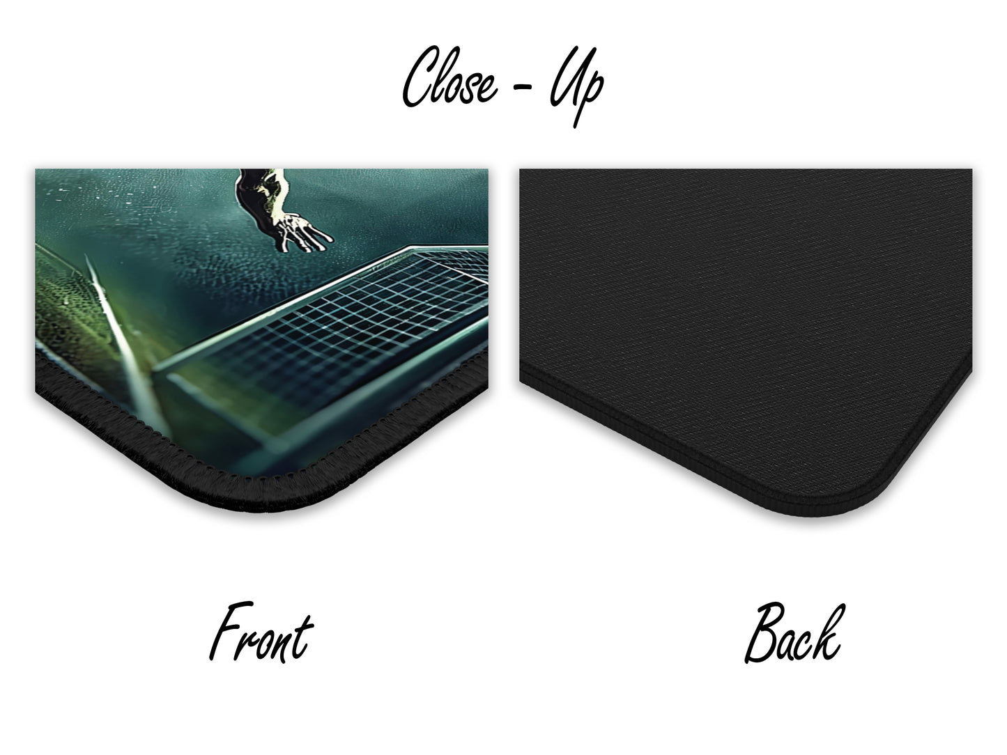 Close-up of a soccer-inspired mouse pad detailing the action-packed design and texture, alongside a plain black, anti-skid back.