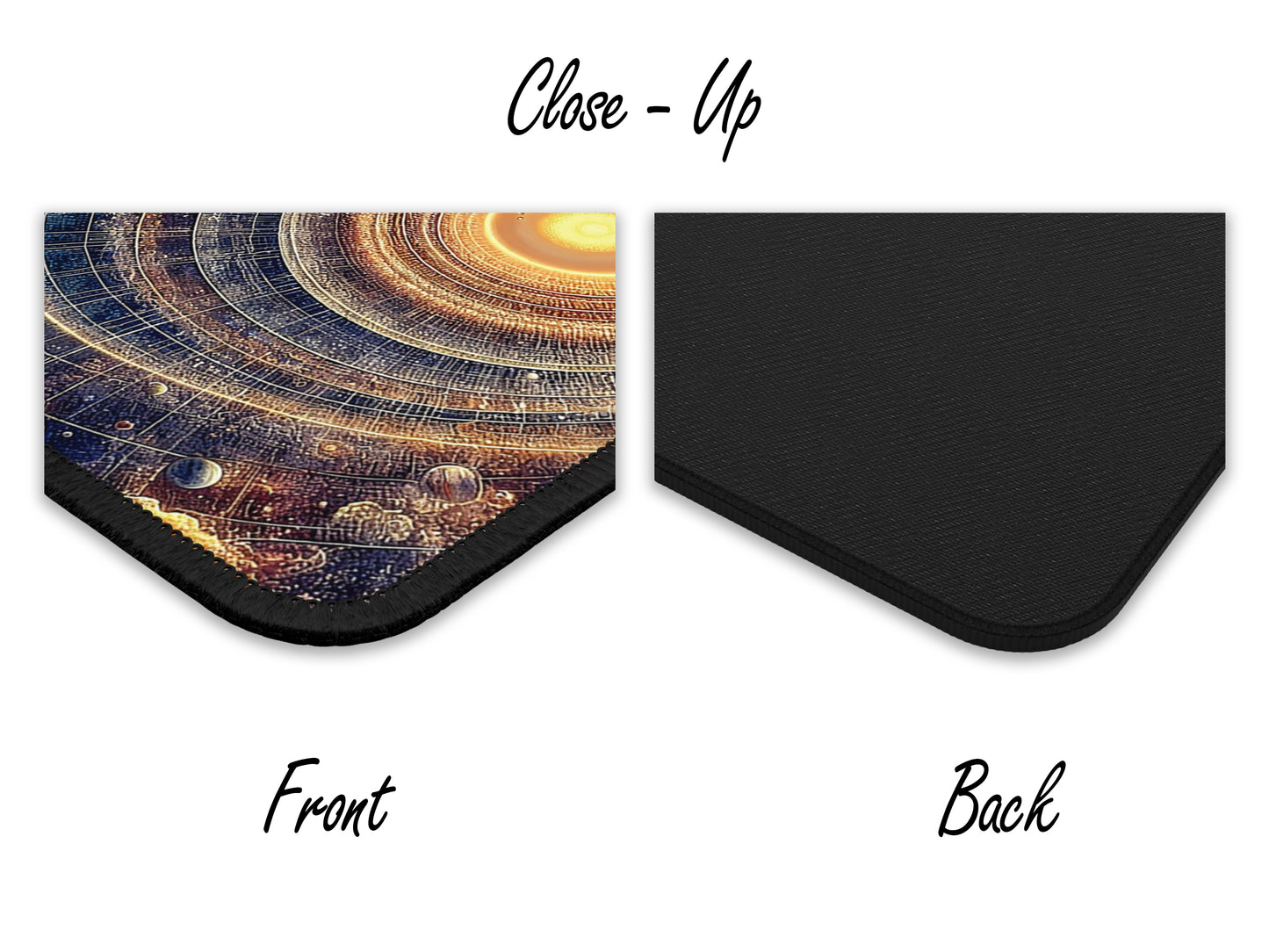 Close-up view of the mouse pads surface, highlighting the vibrant artwork of the galaxy with a textured finish and a black non-slip backing.