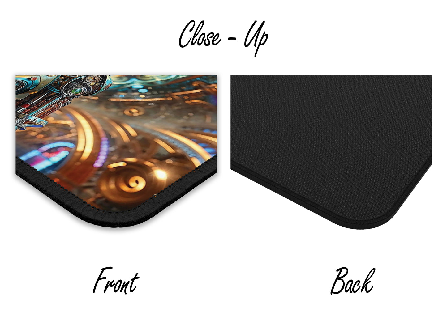 Close-up view of the mouse pad showing the rich texture and depth of the steampunk android design with a stitched black edge, contrasted by its plain black backside.