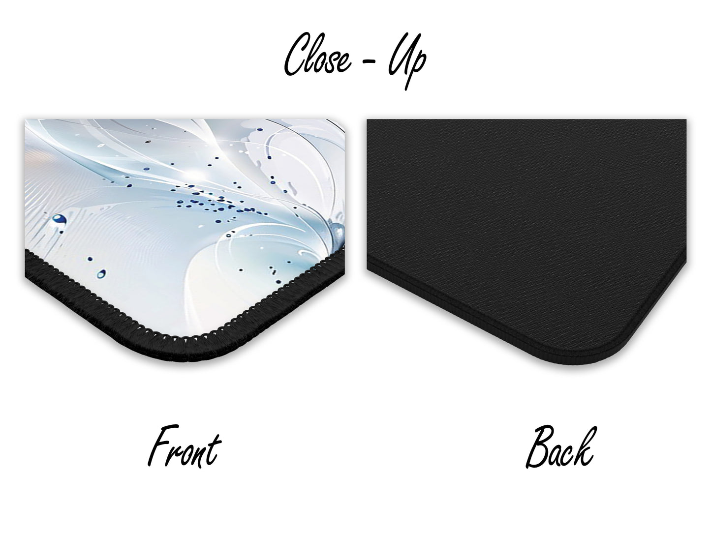 A close-up of the mouse pad highlighting the detailed abstract design on the front and its textured black rubber back.