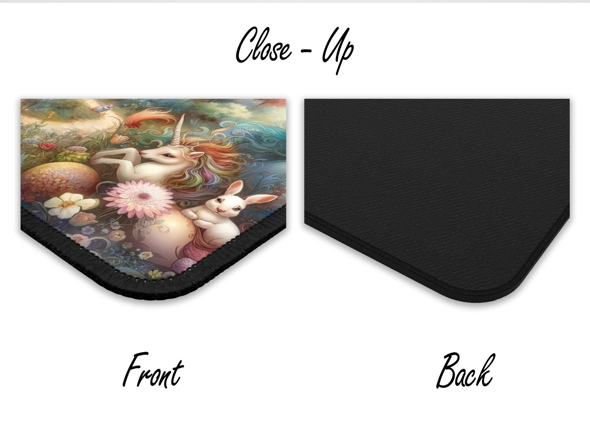 Close-up of the artisan mouse pad highlighting the detailed artwork of fantastical animals and flora in a kaleidoscopic mythical kingdom.