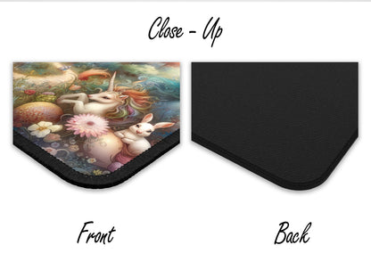 Close-up of the artisan mouse pad highlighting the detailed artwork of fantastical animals and flora in a kaleidoscopic mythical kingdom.