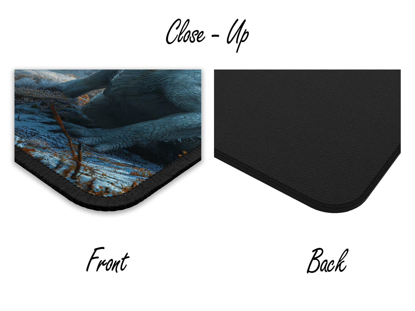 Detailed view of the mouse pad focusing on the dragons textured scales and icy blue hues, with a sturdy stitched edge and solid black backing.