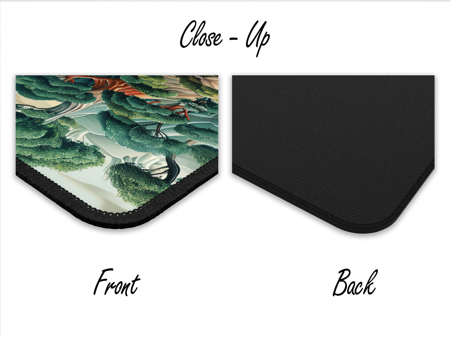 Close-up of the zen garden mouse pad showing the intricate art on the front and its durable black rubber backing.