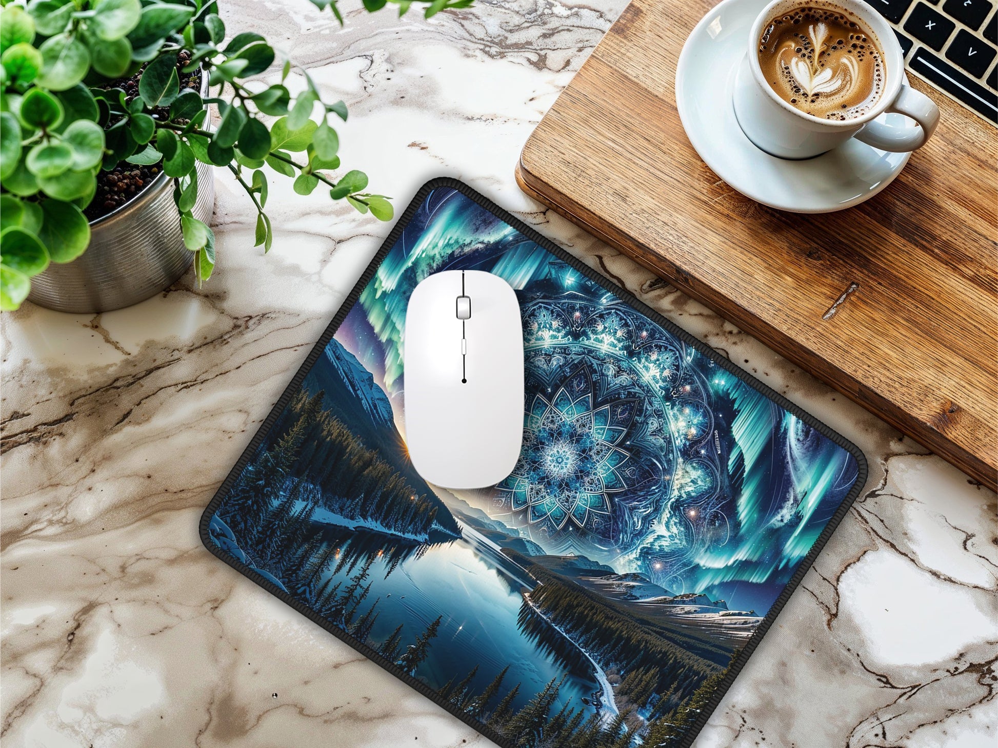 Mouse pad on a desk with a white mouse, displaying a mystical Alaskan night scene, complemented by coffee and a plant.