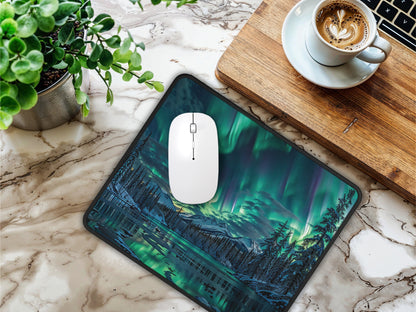 An elegant desk featuring the Alaskan aurora mouse pad, a white mouse, and a freshly brewed cup of coffee.