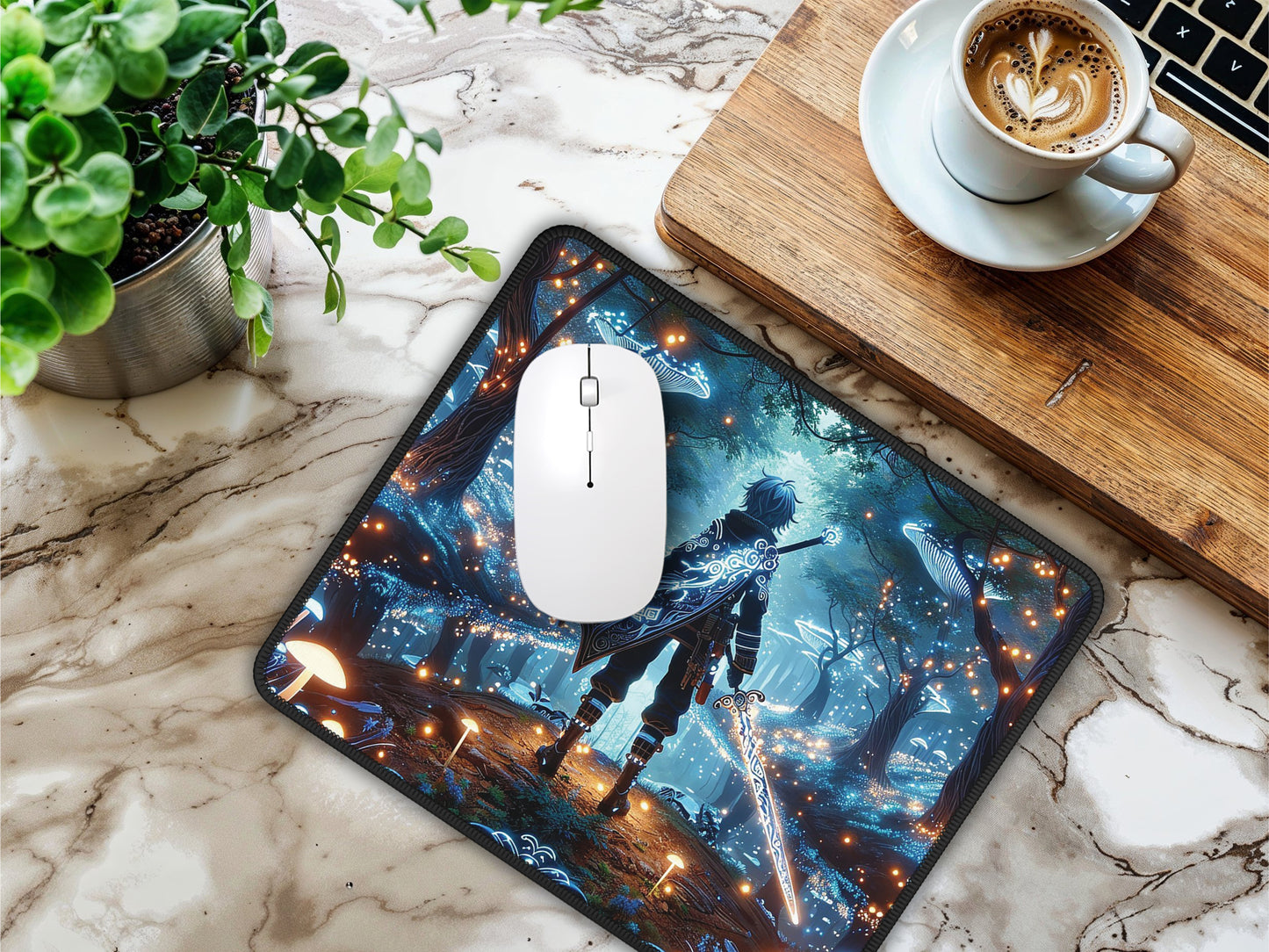 Anime twilight luminescence gaming mouse pad on a marble surface, creating an enchanting atmosphere for any gaming or work setup.