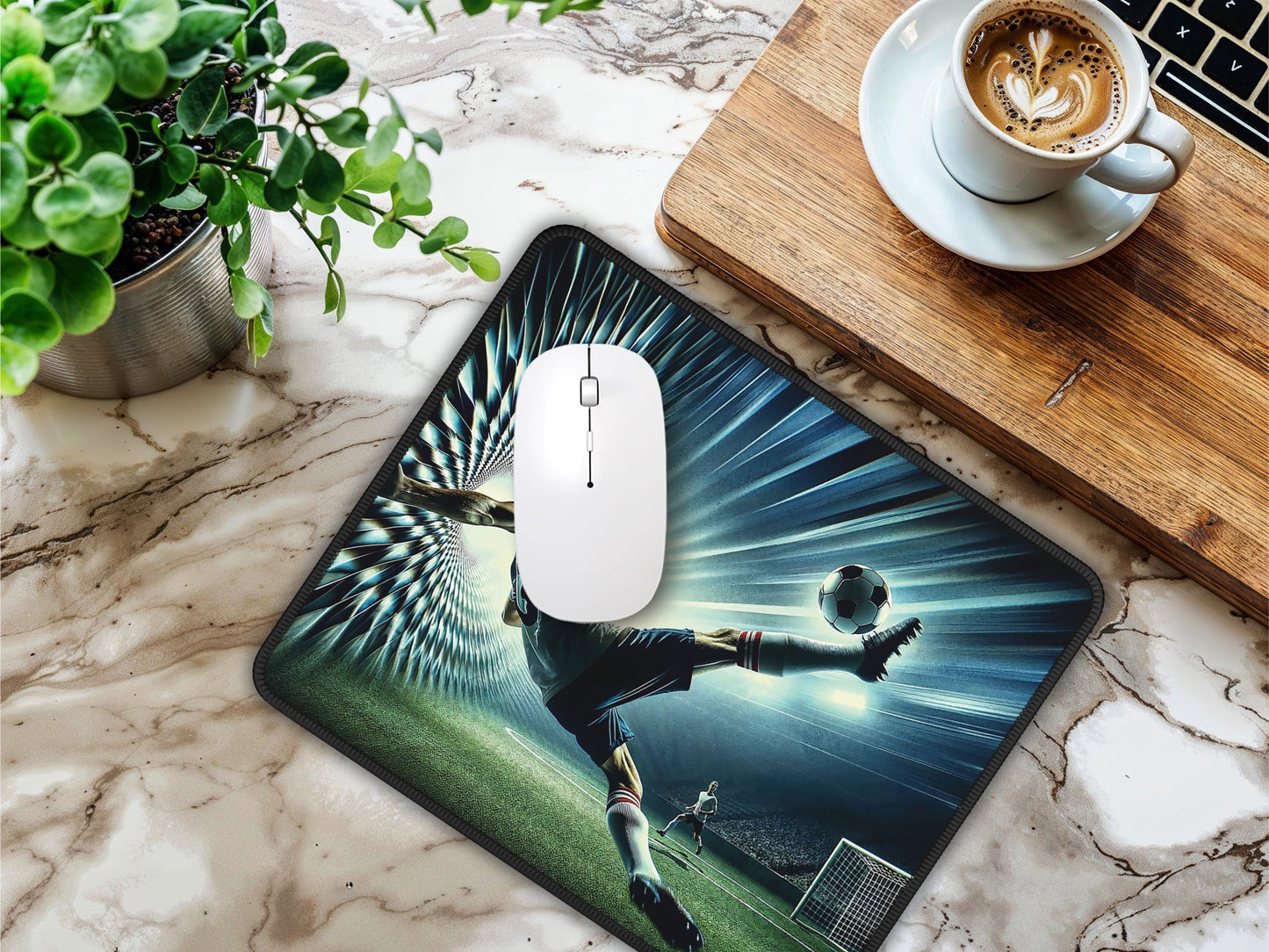 The mouse pad on a marble surface with a white mouse, displaying a goalkeepers dive with a ball against a kaleidoscope backdrop that intensifies the moment.